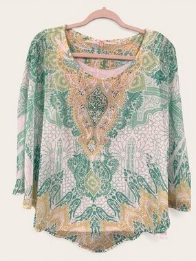 Reba Boho Paisley Blouse L Green Yellow Embellished Sheer Flowy Top USA